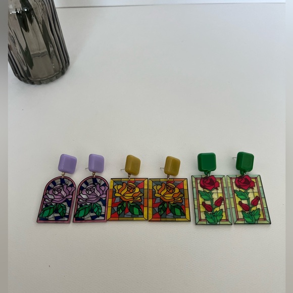 Art Nouveau Floral Stained Glass Earrings- Dangle Retro Flower Earrings - Picture 7 of 16